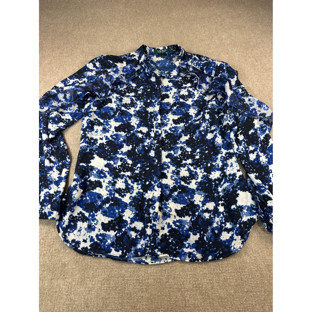 Lauren Ralph Lauren Blue White Romantic Floral Ruffle Long Sleeve Blouse Medium